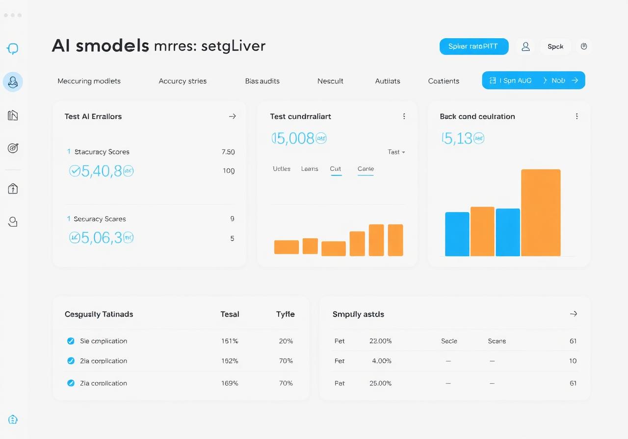 AI testing and validation dashboard showing accuracy scores, bias audits and compliance checks